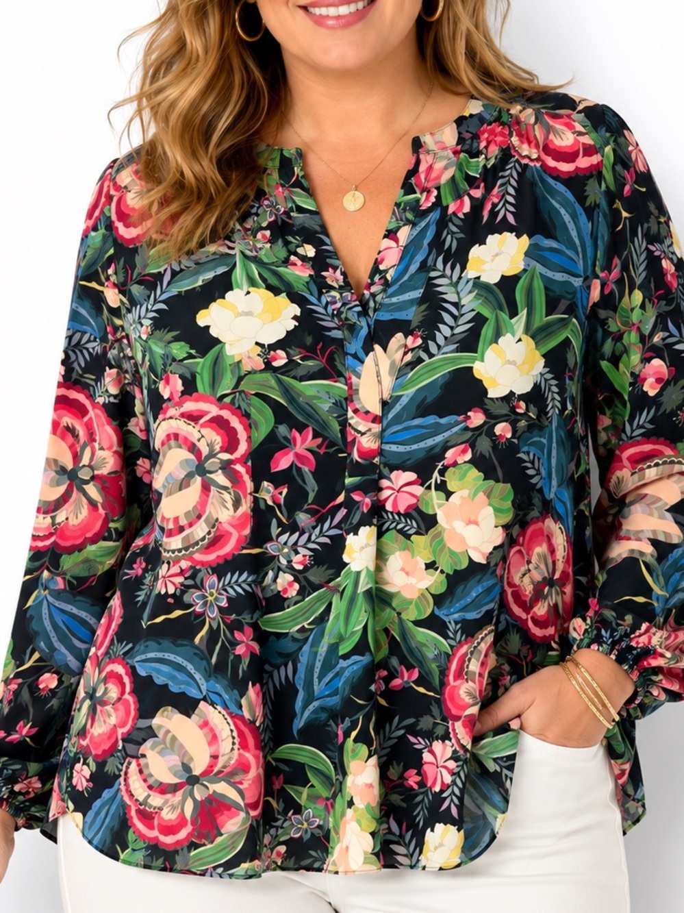 Tahari Wild Floral Print Blouse 2X Black Pink Long Sleeve Split Neck NWT